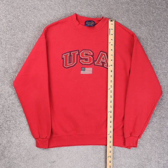 Vintage USA Flag Embroidered Medium Red Long Sleeve Pullover Sweatshirt - Picture 3 of 11